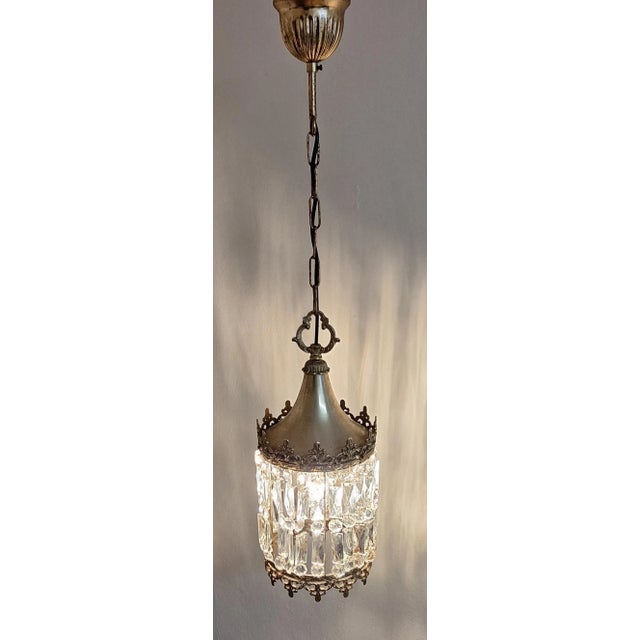 1970s Vintage Brass Metal and Crystal Glass Ceiling Lamp, 1970s For Sale - Image 5 of 7
