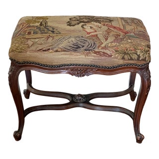 Early 1900s Antique French Needlepoint Figural Tapestry Bench Stool Ottoman Carved Flowers Cabriole Legs For Sale