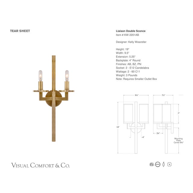 Modern Kelly Wearstler for Visual Comfort Signature Liaison Double Sconce in Antique-Burnished Brass For Sale - Image 3 of 5