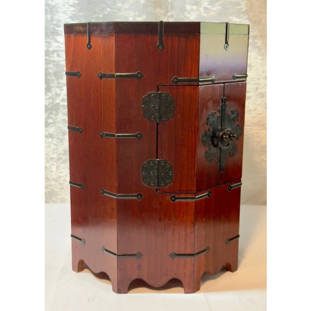 Vintage Korean Octagonal Wooden Cabinet With Merlot Finish, Black Hardware & Lock For Sale - Image 10 of 18