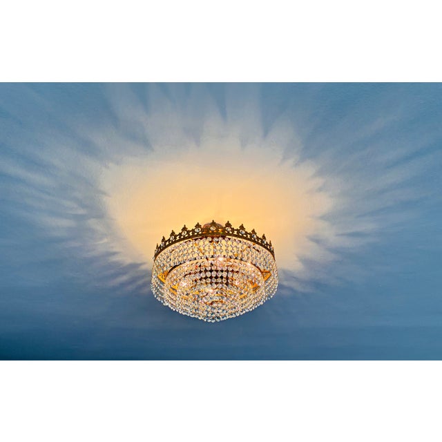 1960s Vintage French Crown Style Flush Mount Brass Chandelier With Soft Blue Crystals⁠ For Sale - Image 4 of 17