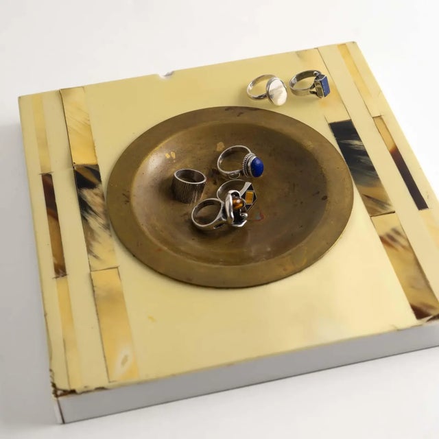 Vintage Horn Inlay Square Ashtray Catchall With Brass Center For Sale - Image 9 of 11