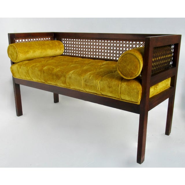 C.1970's Crushed Velvet Velour Button-Tufted Upholstered Caned Wood Bench With Bolster Pillows For Sale In West Palm - Image 6 of 18