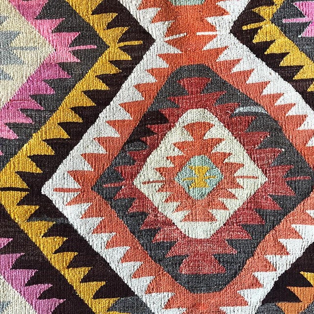 Turkish Kilim Geometric Flat Weave Tribal Rug in Pastel Pink Yellow Black and Orange - 3′5″ × 5′ For Sale - Image 4 of 5