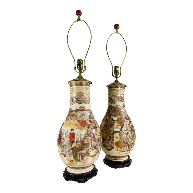 Vintage Hand Painted Large Satsuma Table Lamps. For Sale