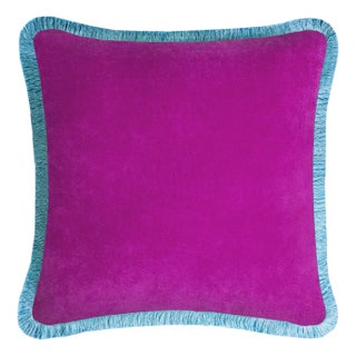 Happy Cushion Cover in Velvet Fuchsia with Light Blue Fringes For Sale