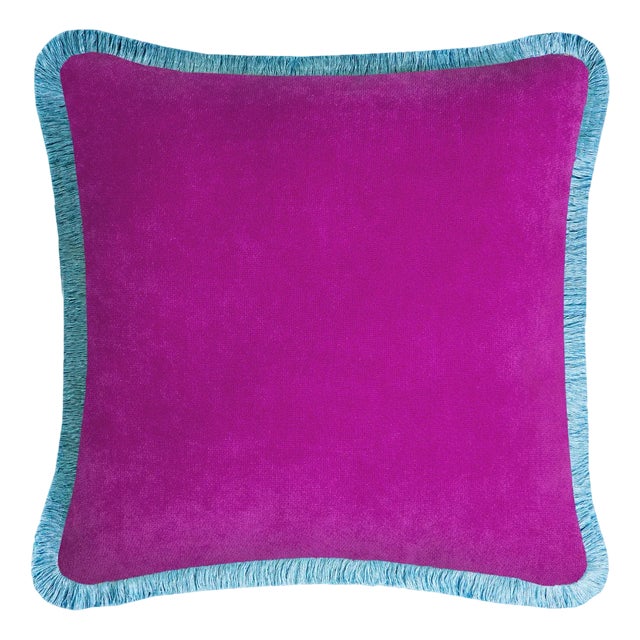 Happy Cushion Cover in Velvet Fuchsia with Light Blue Fringes For Sale