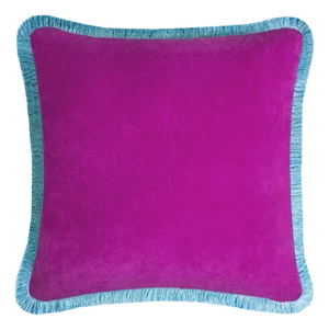 Happy Cushion Cover in Velvet Fuchsia with Light Blue Fringes