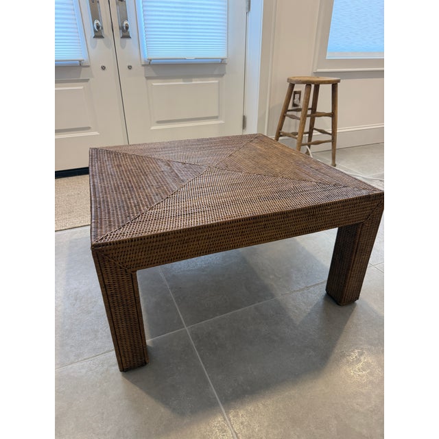Boho Chic Vintage Woven Rattan Square Coffee Table With Geometric Top For Sale - Image 3 of 4