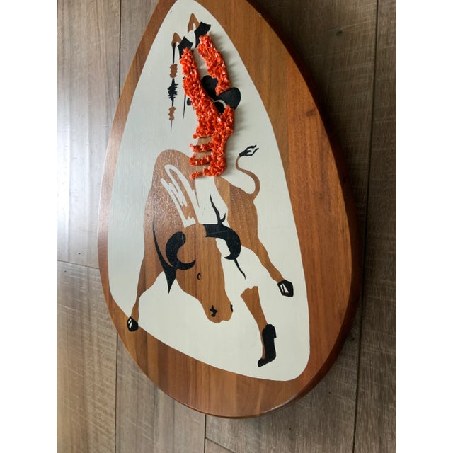 Brown Vintage Mid-Century Modern Bull Fighting Matador on Teardrop Teak Wood Popcorn Shirt- Set of 3 For Sale - Image 8 of 10