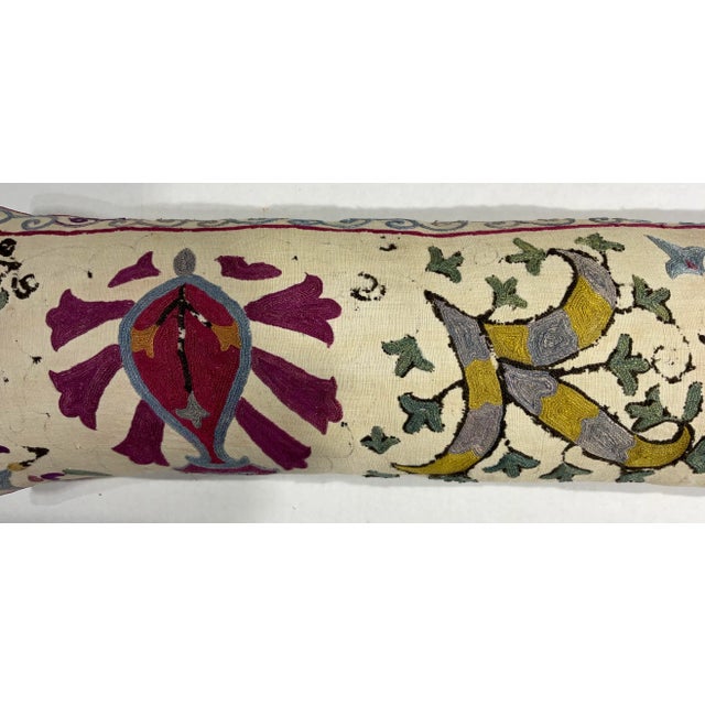Textile Single Antique Silk Embroidery Suzani Pillow For Sale - Image 7 of 9