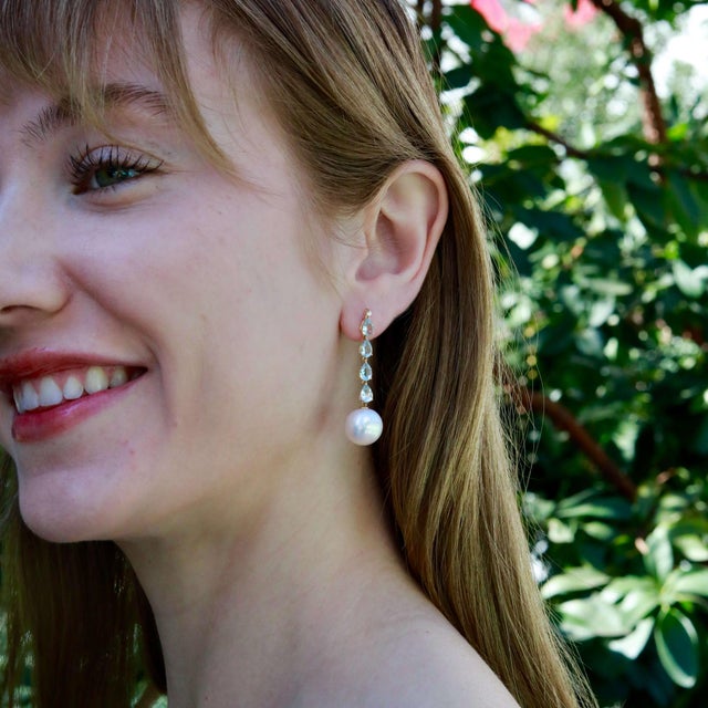 Contemporary Nina Zhou Rhythm 3.25ctw Natural Aquamarine & Diamond and Pearl Drop Earrings in 14k Gold For Sale - Image 3 of 9