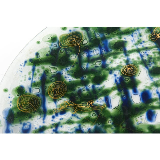 Vintage Mid Century Modern Signed Higgins Fused Glass Round Charger Plate With Gold and Hanging Man Blue Green and Gold For Sale In Miami - Image 6 of 10