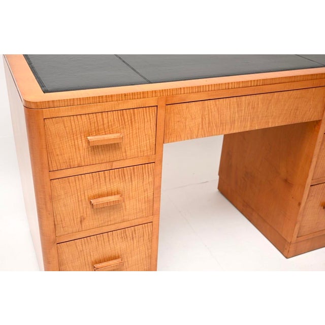 Art Deco Satin Birch Leather Top Pedestal Desk, 1930 For Sale - Image 9 of 11