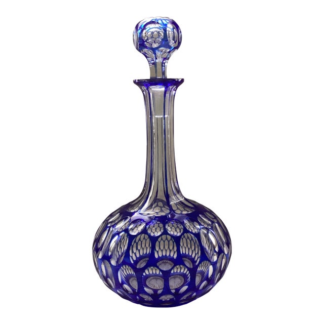 Antique Cut Crystal Decanter With Cobalt Blue Thumbprint Design For Sale