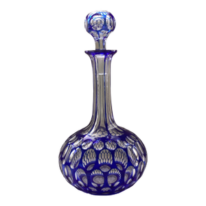 Antique Cut Crystal Decanter With Cobalt Blue Thumbprint Design
