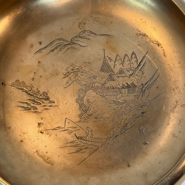 Vintage Brass Asian Landscape Bowl Engraved Chinoiserie Decor 9.25” For Sale - Image 11 of 11