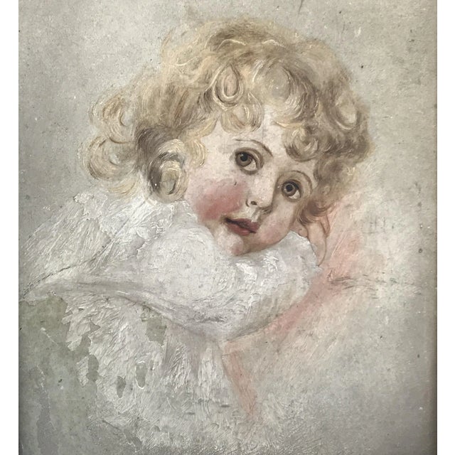 Figurative 19th Century Beautiful Painting on Board of Child: Faux Painted Frame For Sale - Image 3 of 4
