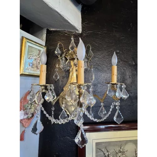 Brass Pair of 1980s Contemporary Rococo Style Brass and Crystal Bi Level Three Light Sconces For Sale - Image 8 of 12
