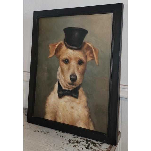 Top hat terrier dog oil painting. Wonderful painting full of character. The top hat and bow tie add a touch of fun and...
