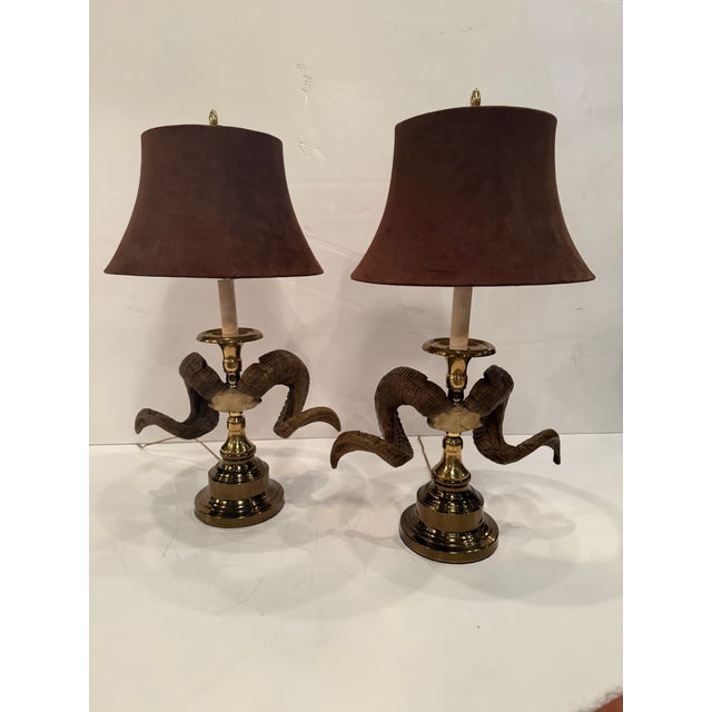Eye catching pair of stylish faux horn & brass table lamps attributed to Chapman. Paired with handsome custom black...