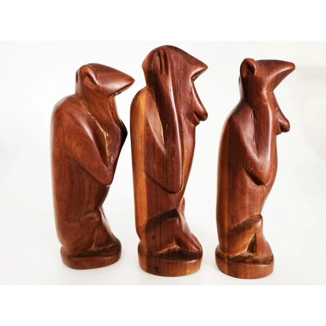 Figurative Carved African Iroko Wood Three Wise Monkey Figurines, Set of 3 For Sale - Image 3 of 9