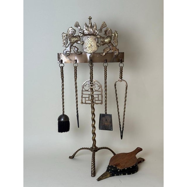 Historicist English Brass Fireplace Tools with Striding Lions, 1950s, Set of 6 For Sale - Image 12 of 13