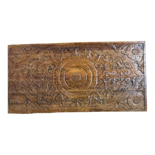 Vintage Lotus Carved Wall Panel Headboard – Dark Wood Bohemian Bedroom Art 60x30 For Sale