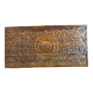 Vintage Lotus Carved Wall Panel Headboard – Dark Wood Bohemian Bedroom Art 60x30
