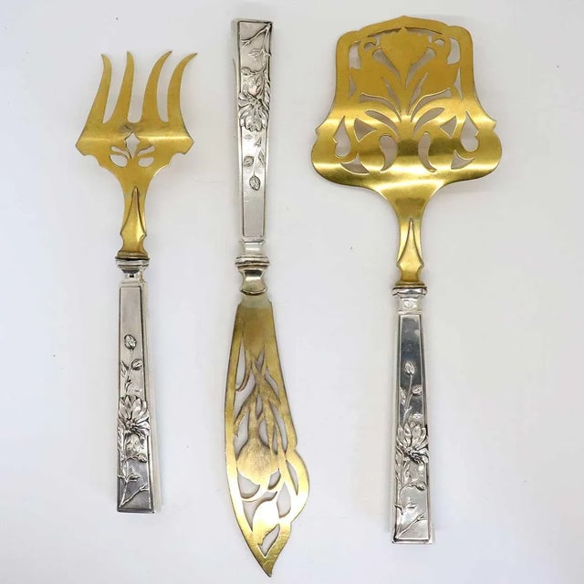 Set of Three Scandinavian Art Nouveau Gilt 830 Silver Fish Service Flatware For Sale - Image 4 of 6
