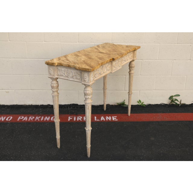 Transitional Vintage Karges Painted Console Table With Carved Base & Faux Stone Top For Sale - Image 3 of 18