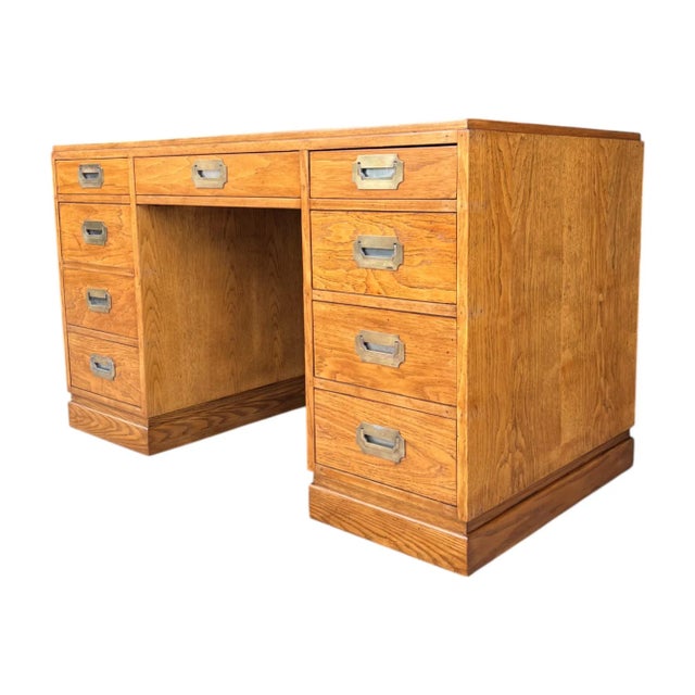 Brown Vintage Campaign-Style Oak Executive Desk With Black Leather Inlay For Sale - Image 8 of 12