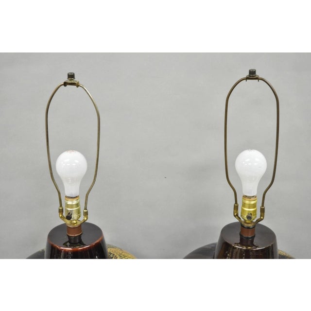 Mid Century Modern Ram Brown Drip Glaze Pottery Table Lamps by Sunset Cosco Pair For Sale - Image 11 of 13