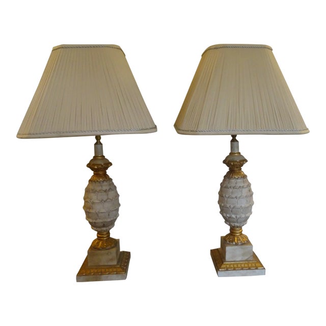 Vintage Gilt and Pickled Wood Carved Lamps - a Pair For Sale