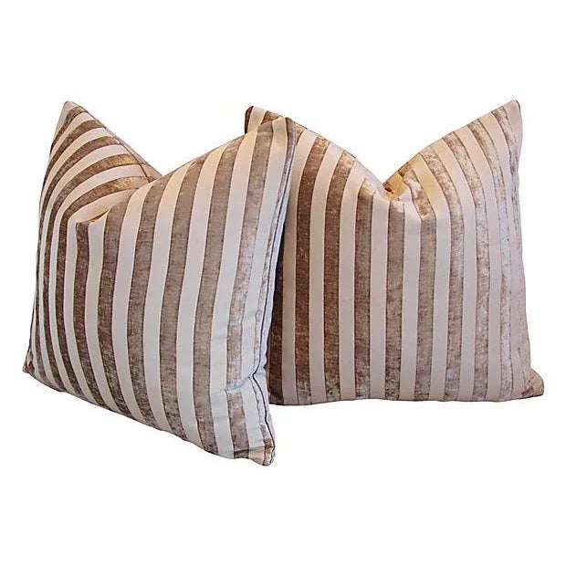 English 24" Custom Tailored French Velvet Striped Feather & Down Pillows - a Pair For Sale - Image 3 of 7