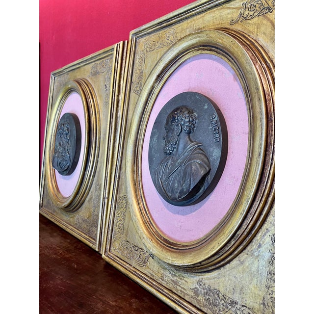 Paint Gesso Medallions of Saints Peter and Paul in Gilded Oval Frames with Silk Panels, 1890s For Sale - Image 7 of 18