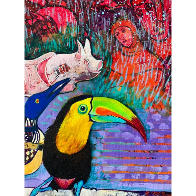 Surrealism 1980s “Piggy and Her Friends” Surrealist Animal Oil Painting by Christine McGinnis, Framed For Sale - Image 3 of 6