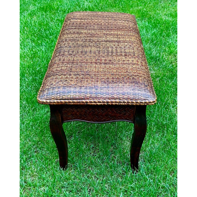 Wooden Bench, With a Cushioned, Rattan-Woven Seat, Curved Legs, Late 20th Century, Bohemian/Coastal Styles For Sale In South Bend - Image 6 of 11