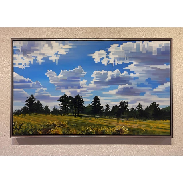 This oil on panel artwork captures a vibrant landscape where billowing clouds drift across a bright blue sky, set against...