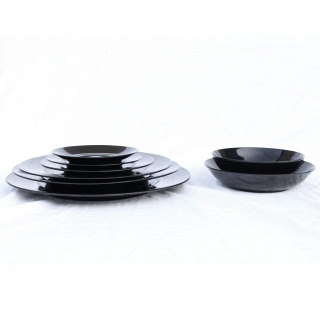 Art Deco 1970's Black Modern Taitu 'Uno' by Emilio Bergamin Plate & Bowl Dish Set - Set of 76 For Sale - Image 3 of 7