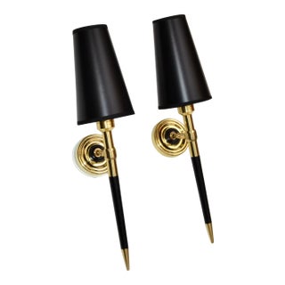 Maison Lancel French Mid-Century Modern Brass & Wood Wall Sconces, 1960 - a Pair For Sale