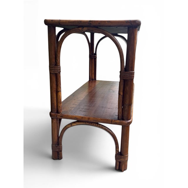 Wood Vintage Bamboo Two-Tier Side Table | Hollywood Regency Coastal Rattan Accent Table For Sale - Image 7 of 10
