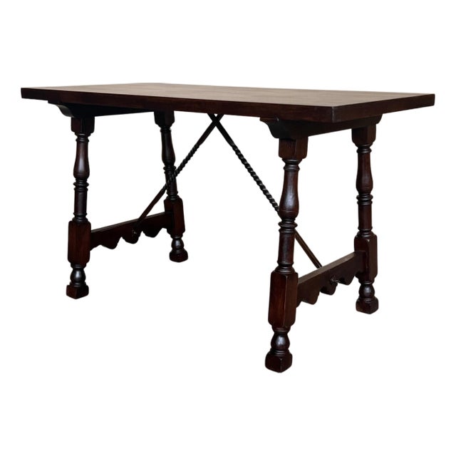 19th Spanish Side Table with Cared Turned Legs and Iron Stretcher For Sale