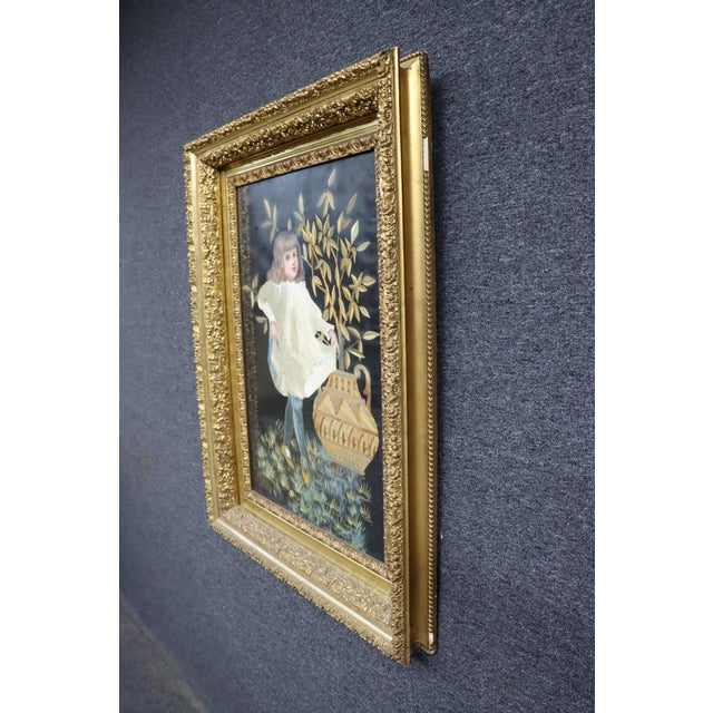Late 19th Century Victorian Needlework Portrait of a Young Girl With Watercolor Background, Gilt Frame For Sale - Image 5 of 17
