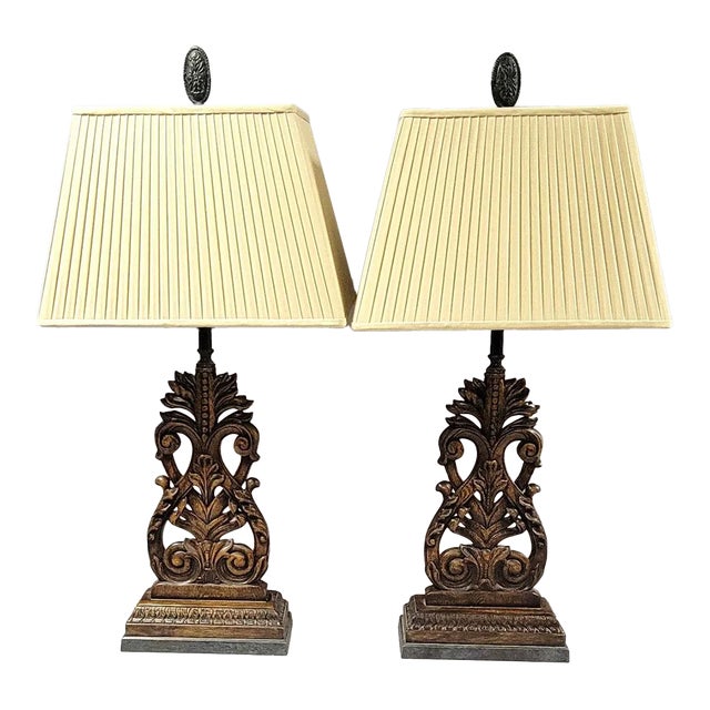 Pair of Carved Wood French Style Table Lamps With Bronze Finials For Sale