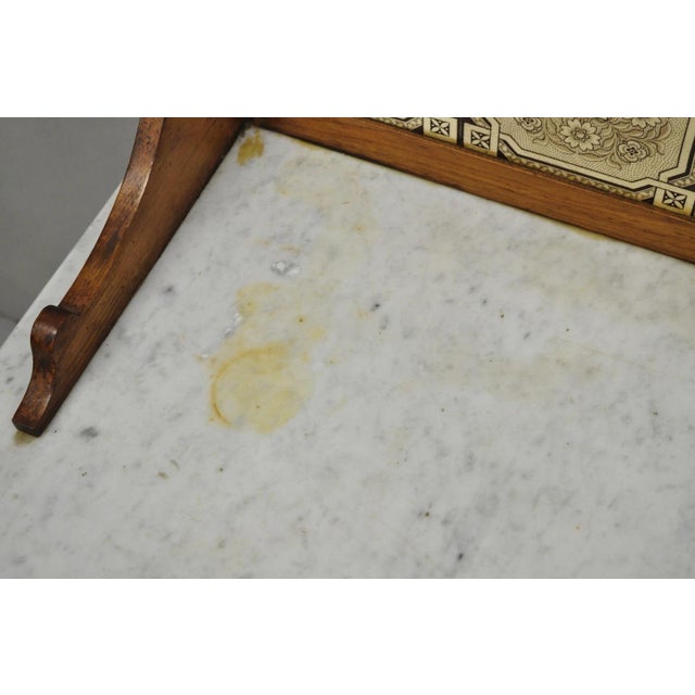 Antique Victorian Walnut Marble Top Washstand Good Luck Swastika Tile Backsplash For Sale - Image 11 of 18
