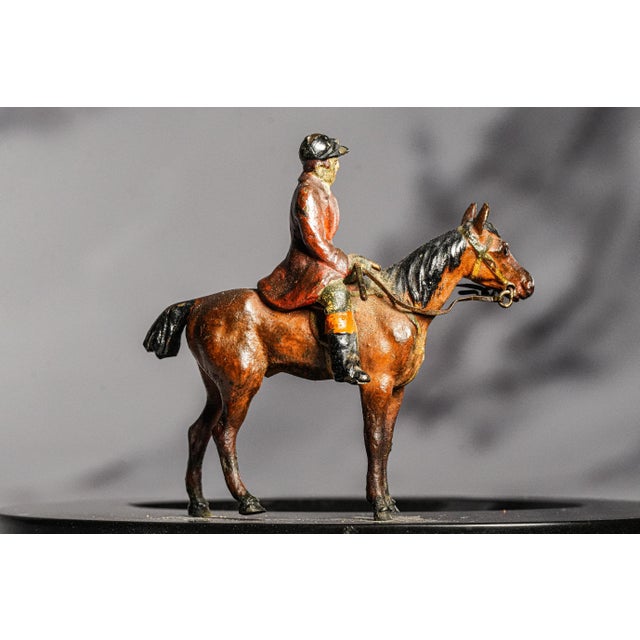 Charming Antique Austrian Cold Painted Bronze Fox Hunt Horse Sculpture Catchall English Equestrian Desk Tray Black Stone Home Office Decor For Sale In New York - Image 6 of 13