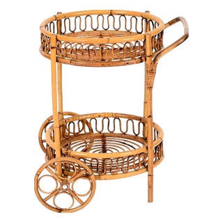 Mid-Century Modern French Riviera Bamboo and Rattan Round Bar Cart by Franco Albini, 1960s For Sale