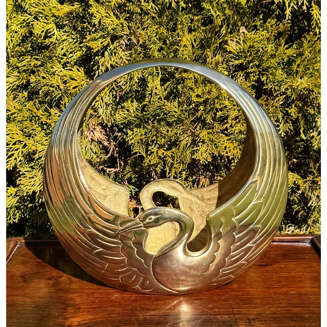Mid 20th Century Elegant Mid 20th century Brass Basket With Retro Art Deco Style Crane Design For Sale - Image 5 of 11
