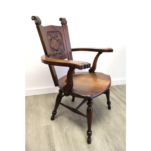 English Antique Jacobean Revival Carved Oak Heraldic Armchair, Circa 1900 For Sale - Image 3 of 11